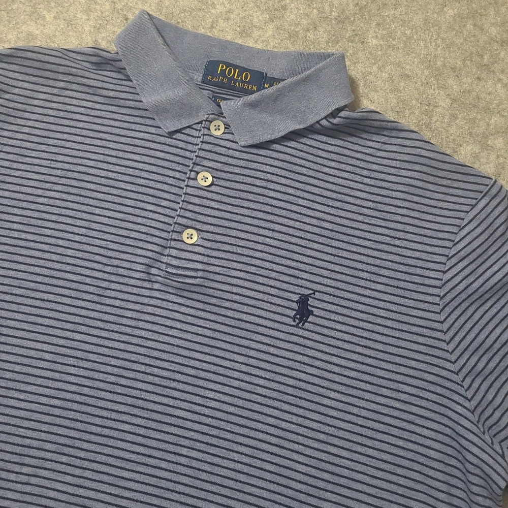Polo Ralph Lauren Polo Shirt Mens Medium Blue Striped Classic Fit Short Sleeve